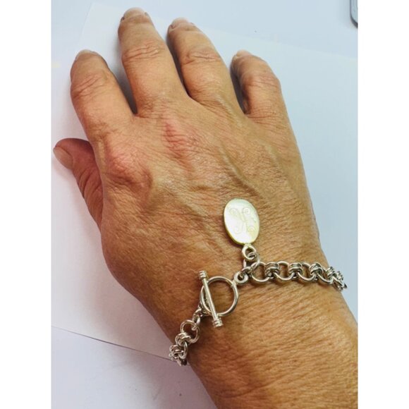 Sterling Silver 925 Double Round Link Charm Bracelet with Engraved K Oval Charm - Picture 6 of 13